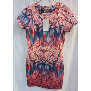 ZARA Neoprene Bodycon Printed Mini Sheath Dress M Abstract Watercolor Feminine